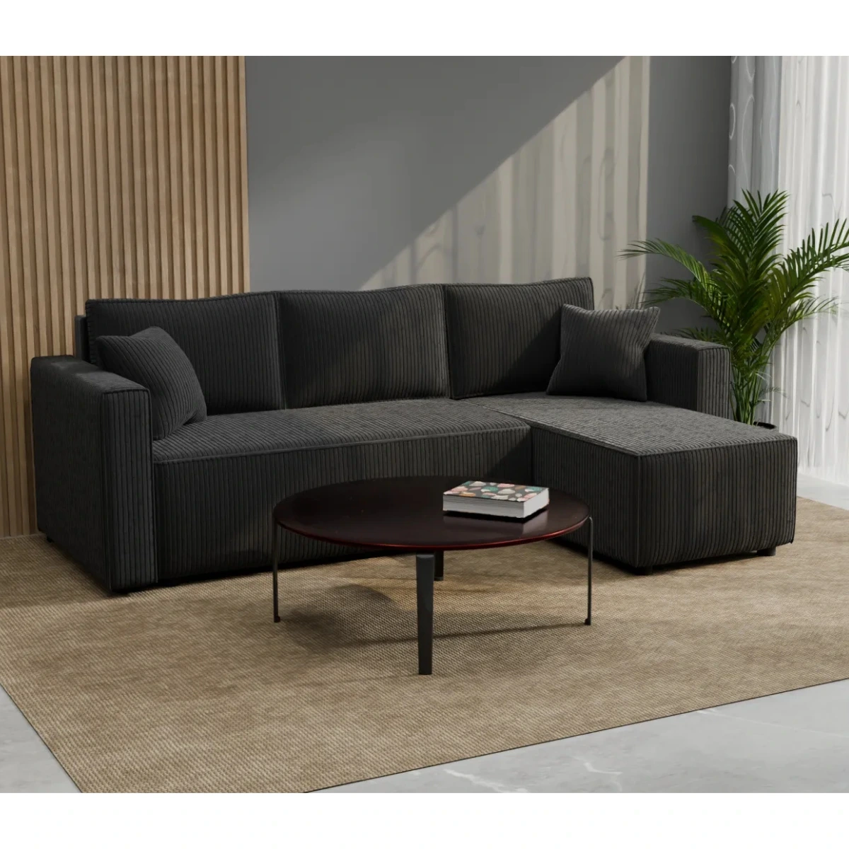 Czarny narożnik sztruksowy DANTE w salonie w kolorze POSO 135